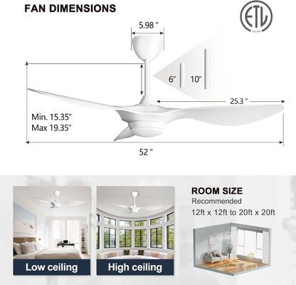 6 snelheid 52 inch plafond ventilator verlichting met afstandsbediening en APP-besturing